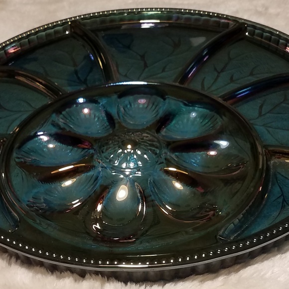 Vintage Indiana Glass Pebble Leaf Blue Platter - Picture 5 of 7